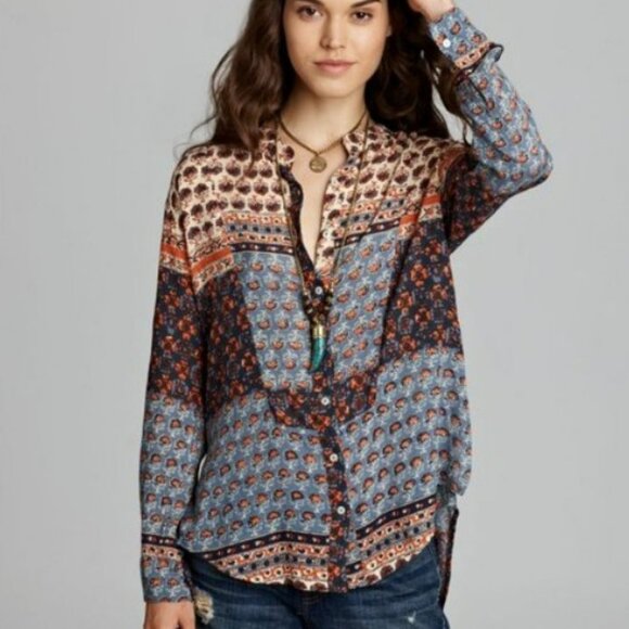 Free People Blue Patchwork Caravan Button Down Top Blouse Size M - Picture 4 of 11